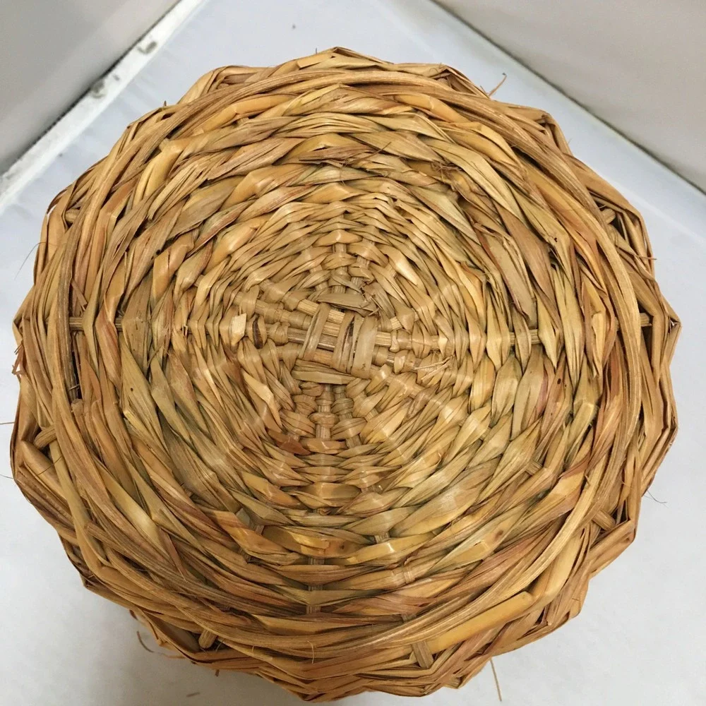 Woven Wicker Basket Home Decor Small Tan Round Rustic Boho Waste Bin Cottagecore